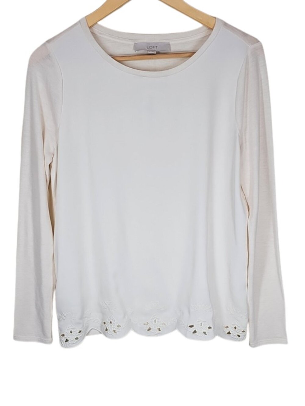 NWT LOFT Mixed Media Eyelet Hem Top Sz S Long Sleeve Elevated Basic Coquette